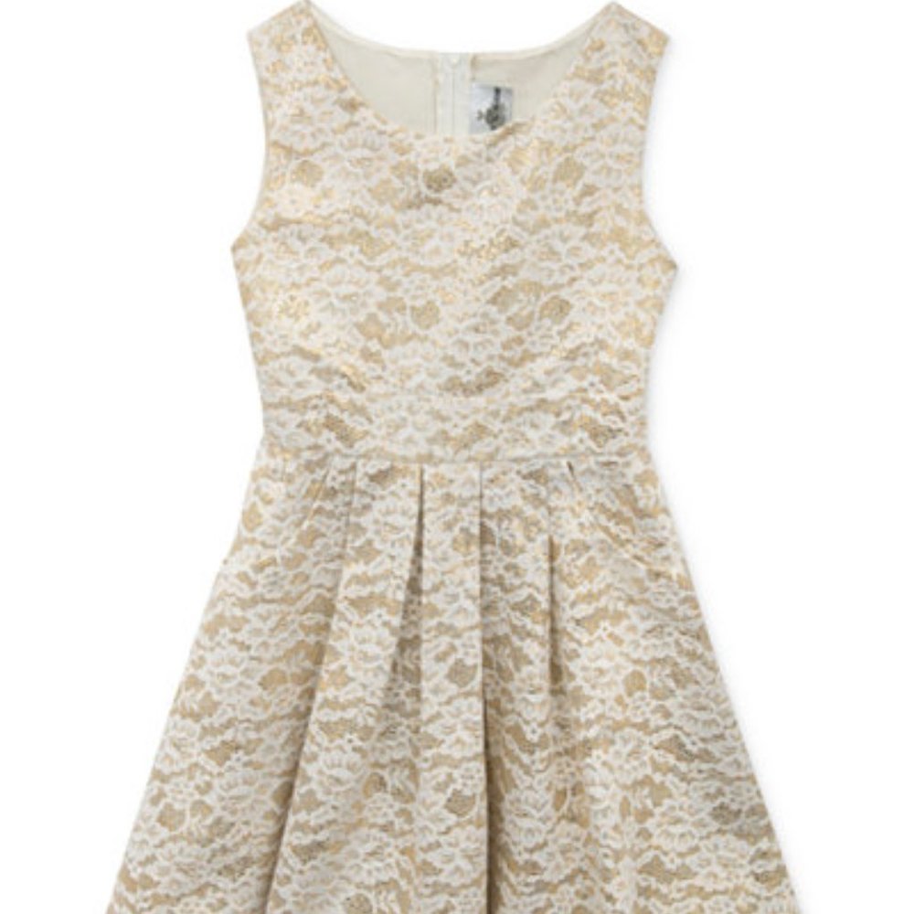 🦋Girls Lace & Ivory Gold Formal Wedding Easter Party Dress Sz 16